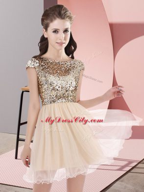 Champagne A-line Scoop Cap Sleeves Tulle Mini Length Zipper Sequins Court Dresses for Sweet 16