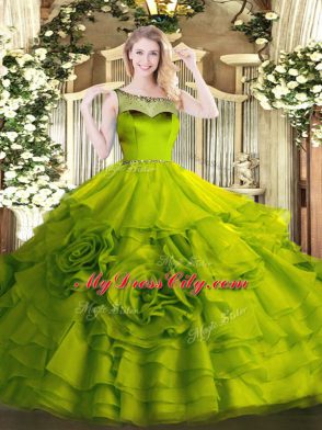 Organza Scoop Sleeveless Zipper Beading and Ruffles Sweet 16 Dresses in Olive Green