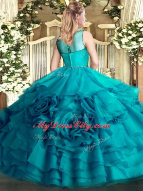 Organza Scoop Sleeveless Zipper Beading and Ruffles Sweet 16 Dresses in Olive Green