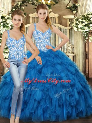 Fashion Floor Length Blue Quinceanera Dresses Straps Sleeveless Lace Up