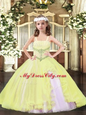 Elegant Light Yellow Sleeveless Tulle Lace Up Kids Formal Wear for Party and Quinceanera