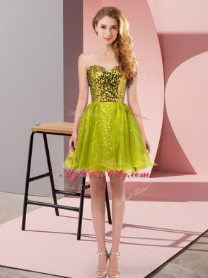 Olive Green Tulle Zipper Sweetheart Sleeveless Mini Length Prom Evening Gown Sequins