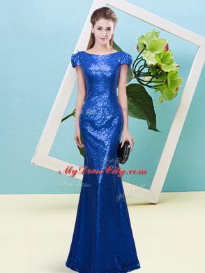 Floor Length Zipper Prom Party Dress Royal Blue for Prom and Party with Sequins