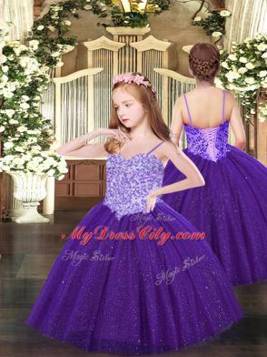Custom Made Purple Ball Gowns Tulle Spaghetti Straps Sleeveless Appliques Floor Length Lace Up High School Pageant Dress