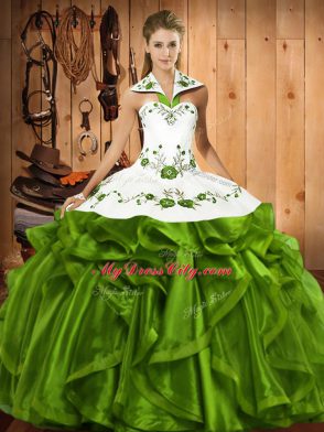 Sexy Floor Length Olive Green Sweet 16 Quinceanera Dress Satin and Organza Sleeveless Embroidery and Ruffles