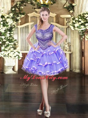 Lavender Organza Zipper Scoop Sleeveless Mini Length Beading and Ruffled Layers