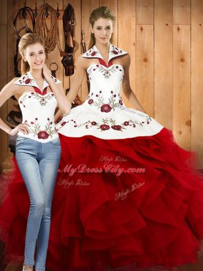 Designer Two Pieces 15 Quinceanera Dress Wine Red Halter Top Satin and Organza Sleeveless Floor Length Lace Up