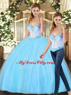 Wonderful Baby Blue Tulle Lace Up Sweetheart Sleeveless Floor Length 15 Quinceanera Dress Beading