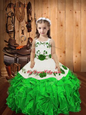 Green Straps Lace Up Embroidery and Ruffles Winning Pageant Gowns Sleeveless