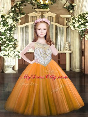 Orange Ball Gowns Beading Pageant Gowns For Girls Zipper Tulle Sleeveless Floor Length