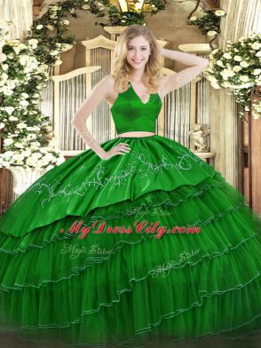 Perfect Halter Top Sleeveless Vestidos de Quinceanera Floor Length Embroidery Green Tulle