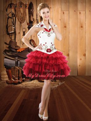 Affordable Wine Red Halter Top Neckline Embroidery and Ruffled Layers Evening Dress Sleeveless Lace Up