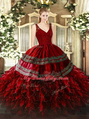 Beading and Lace and Ruffles Sweet 16 Quinceanera Dress Wine Red Backless Sleeveless Floor Length