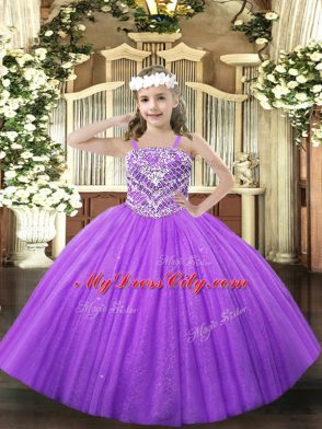 Charming Tulle Straps Sleeveless Lace Up Beading Evening Gowns in Lavender