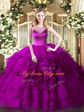 Fuchsia Sleeveless Floor Length Beading and Ruffled Layers Side Zipper Quinceanera Gown
