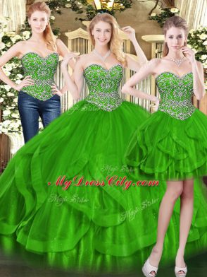 Green Sleeveless Beading and Ruffles Floor Length 15 Quinceanera Dress