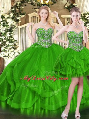 Green Sleeveless Beading and Ruffles Floor Length 15 Quinceanera Dress