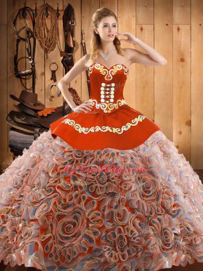 Noble Sleeveless With Train Embroidery Lace Up Sweet 16 Dresses with Multi-color Sweep Train