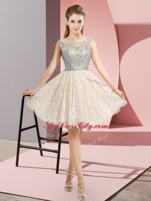 Smart Scoop Cap Sleeves Prom Evening Gown Mini Length Beading Champagne Lace