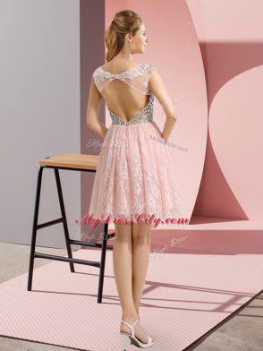 Smart Scoop Cap Sleeves Prom Evening Gown Mini Length Beading Champagne Lace