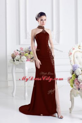 Modest Halter Top Sleeveless Homecoming Dress Sweep Train Beading Wine Red Elastic Woven Satin