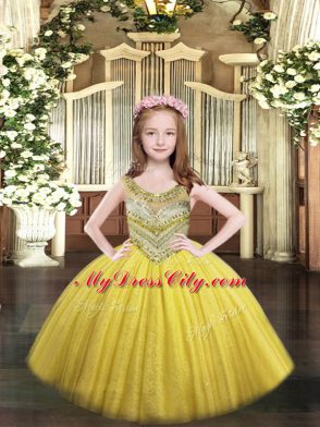Adorable Ball Gowns Kids Formal Wear Gold Scoop Tulle Sleeveless Floor Length Lace Up