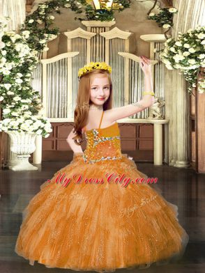 Discount Red Tulle Lace Up Spaghetti Straps Sleeveless Floor Length Pageant Dress for Girls Beading and Ruffles