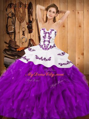 Strapless Sleeveless Quinceanera Gown Floor Length Embroidery and Ruffles Eggplant Purple Satin and Organza