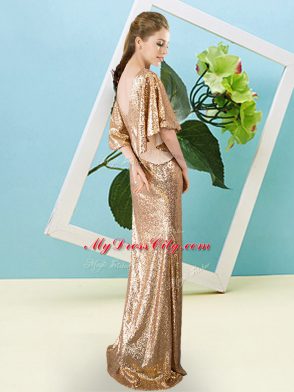 Delicate Blue V-neck Neckline Sequins Prom Dresses Half Sleeves Zipper