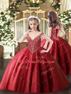 Sleeveless Floor Length Beading and Appliques Lace Up Child Pageant Dress with Red