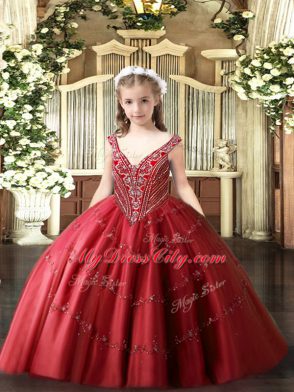 Sleeveless Floor Length Beading and Appliques Lace Up Child Pageant Dress with Red