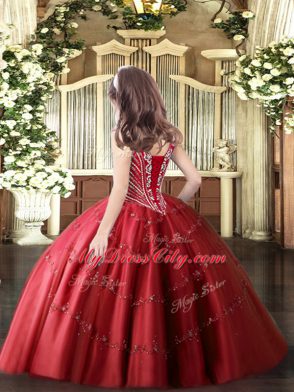 Sleeveless Floor Length Beading and Appliques Lace Up Child Pageant Dress with Red