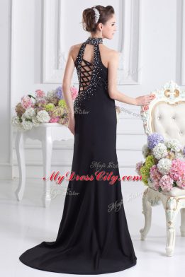 Stunning Royal Blue Column/Sheath Elastic Woven Satin Halter Top Sleeveless Beading Lace Up Prom Party Dress Sweep Train