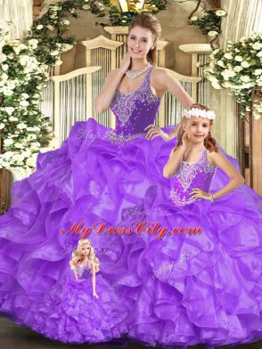 Sexy Floor Length Eggplant Purple Sweet 16 Quinceanera Dress Organza Sleeveless Beading and Ruffles