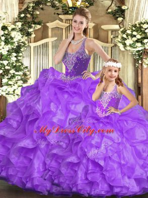 Sexy Floor Length Eggplant Purple Sweet 16 Quinceanera Dress Organza Sleeveless Beading and Ruffles