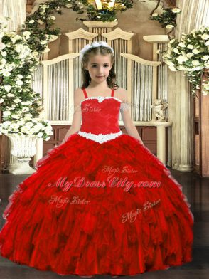 Hot Selling Straps Sleeveless Kids Formal Wear Floor Length Appliques and Ruffles Wine Red Organza