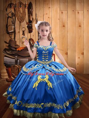 Blue Ball Gowns Straps Sleeveless Satin Floor Length Lace Up Beading and Embroidery Little Girl Pageant Dress
