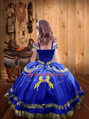 Blue Ball Gowns Straps Sleeveless Satin Floor Length Lace Up Beading and Embroidery Little Girl Pageant Dress