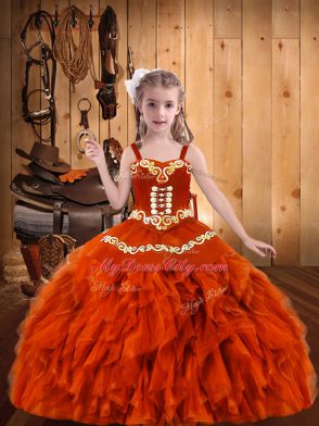 Pretty Orange Red Straps Lace Up Embroidery and Ruffles Pageant Dress Toddler Sleeveless
