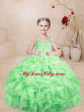 Charming Floor Length Apple Green Pageant Gowns For Girls Organza Sleeveless Beading and Ruffles
