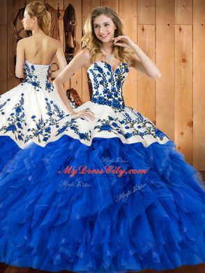 Blue Ball Gowns Embroidery and Ruffles Quinceanera Dresses Lace Up Tulle Sleeveless Floor Length
