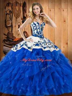 Blue Ball Gowns Embroidery and Ruffles Quinceanera Dresses Lace Up Tulle Sleeveless Floor Length