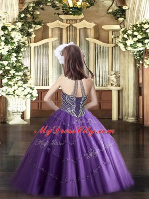 Green Ball Gowns Halter Top Sleeveless Tulle Floor Length Lace Up Beading Winning Pageant Gowns