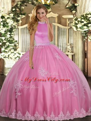 Tulle Halter Top Sleeveless Backless Beading and Appliques Ball Gown Prom Dress in Rose Pink