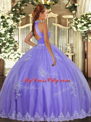 Tulle Halter Top Sleeveless Backless Beading and Appliques Ball Gown Prom Dress in Rose Pink
