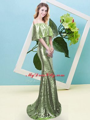 Dazzling Yellow Green Zipper Prom Gown Sequins Half Sleeves Floor Length