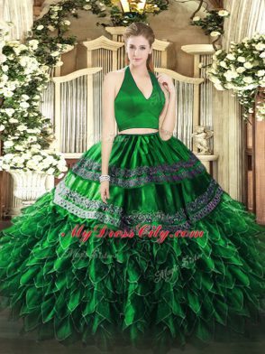 Fantastic Dark Green Two Pieces Halter Top Sleeveless Organza Floor Length Zipper Appliques and Ruffles Sweet 16 Quinceanera Dress