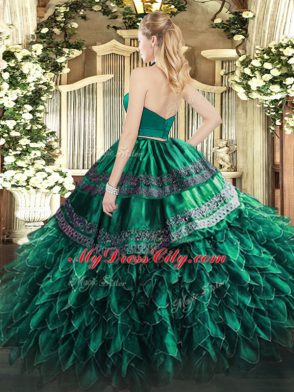 Fantastic Dark Green Two Pieces Halter Top Sleeveless Organza Floor Length Zipper Appliques and Ruffles Sweet 16 Quinceanera Dress