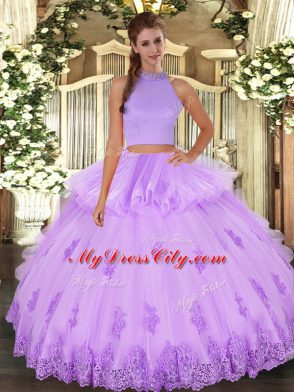 Floor Length Two Pieces Sleeveless Lavender Vestidos de Quinceanera Backless