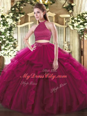 Best Selling Halter Top Sleeveless Backless Sweet 16 Quinceanera Dress Fuchsia Tulle